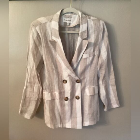 HEARTLOOM SIZE MEDIUM WHITE TAN STRIPED DOUBLE BREASTED LINEN BLAZER JACKET - Picture 2 of 8